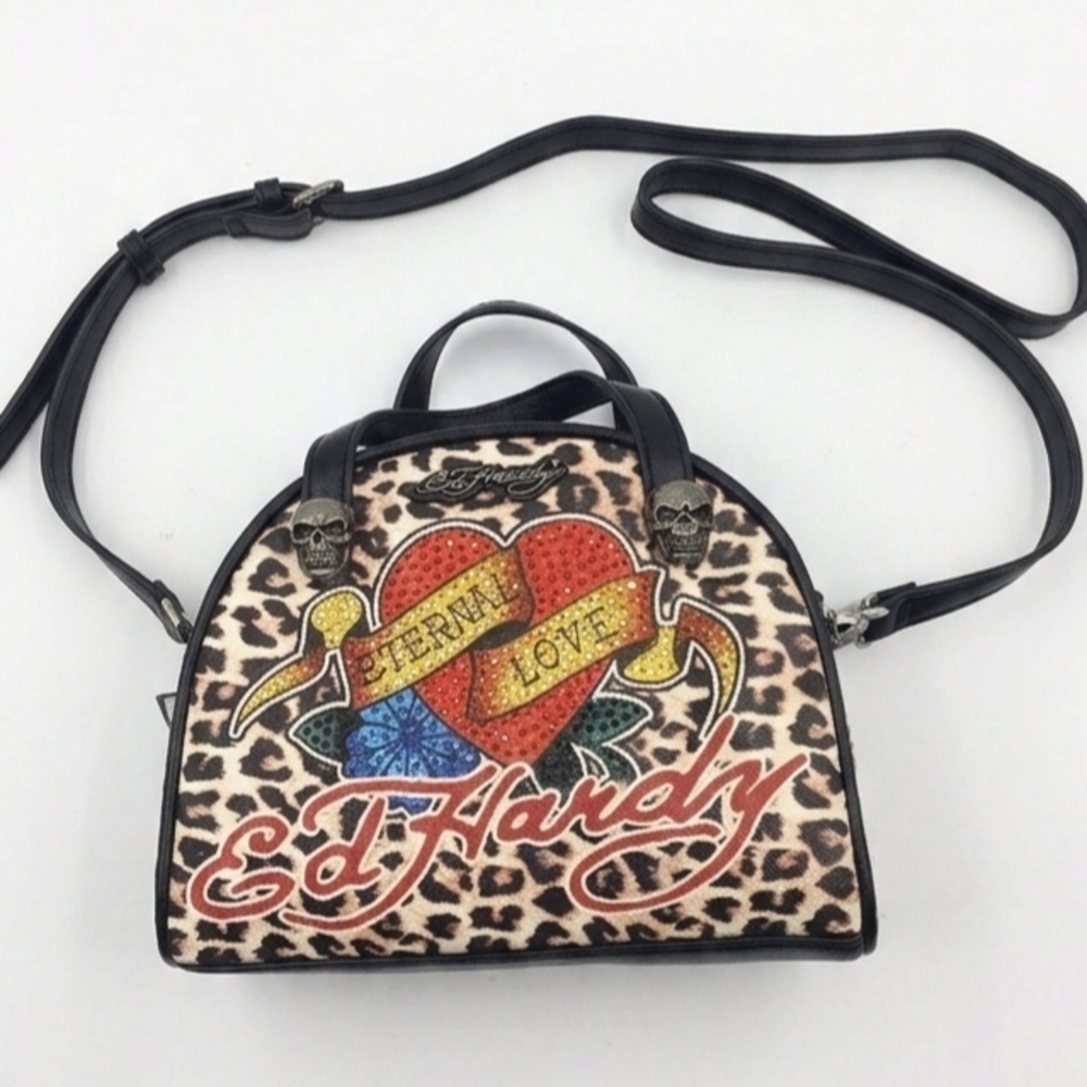 Ed Hardy Tattoo Cheetah Print Handbag Eternal Love Bag Vegan Material Skulls NWT - Picture 7 of 15